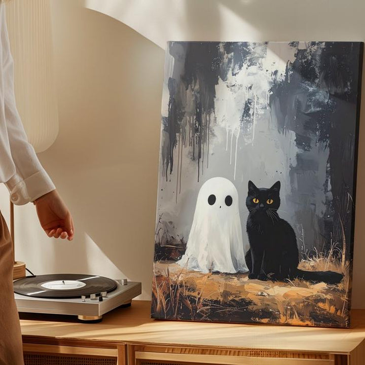 Abstract Ghost & Cat Canvas – Supernatural Companionship in Minimalist Style - Gifitto