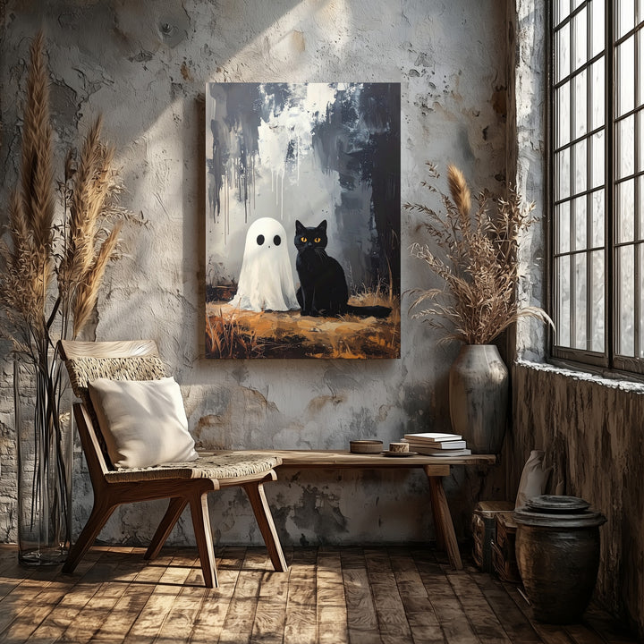 Abstract Ghost & Cat Canvas – Supernatural Companionship in Minimalist Style - Gifitto