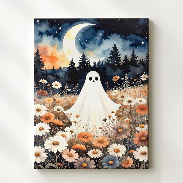 Ghost Under Crescent Moon Canvas – Dreamy Halloween Wildflower Night Art - Gifitto