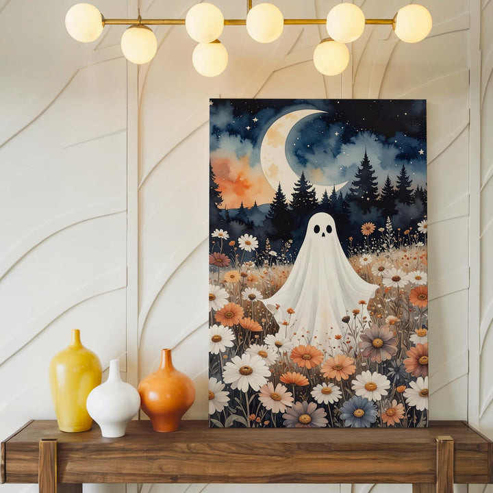 Ghost Under Crescent Moon Canvas – Dreamy Halloween Wildflower Night Art - Gifitto