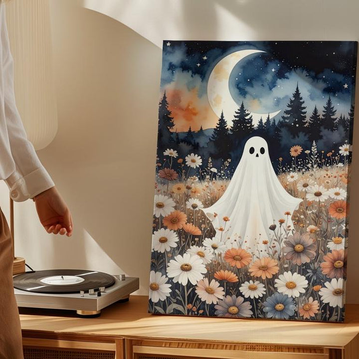 Ghost Under Crescent Moon Canvas – Dreamy Halloween Wildflower Night Art - Gifitto