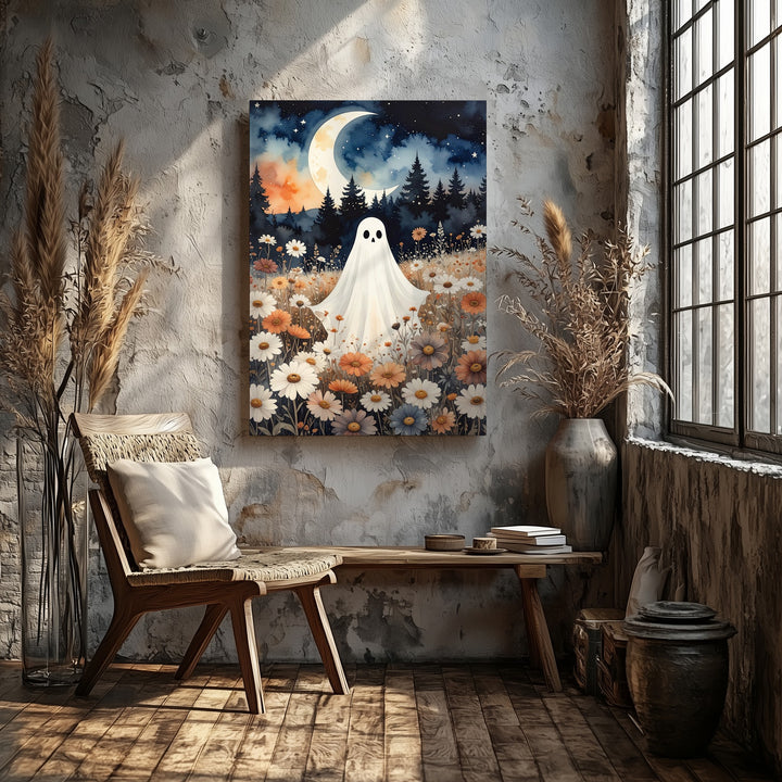Ghost Under Crescent Moon Canvas – Dreamy Halloween Wildflower Night Art - Gifitto
