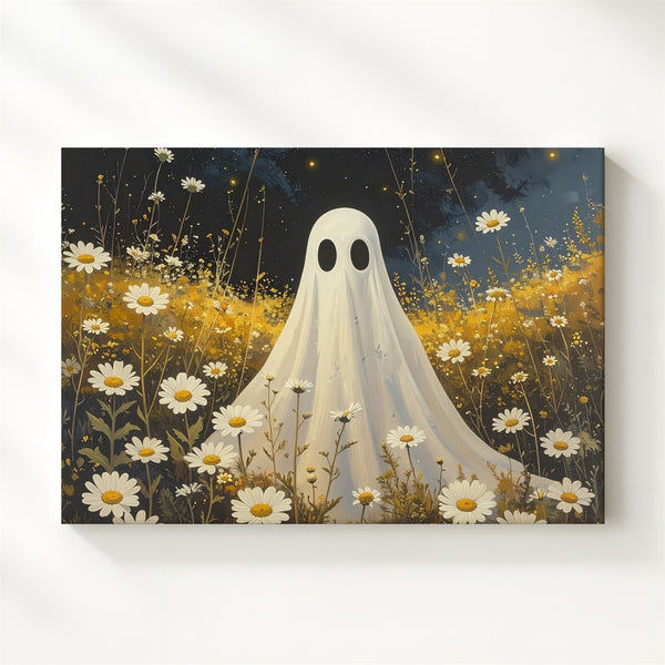 Whimsical Ghost in Chamomile Field – Serene Halloween Canvas Art - Gifitto