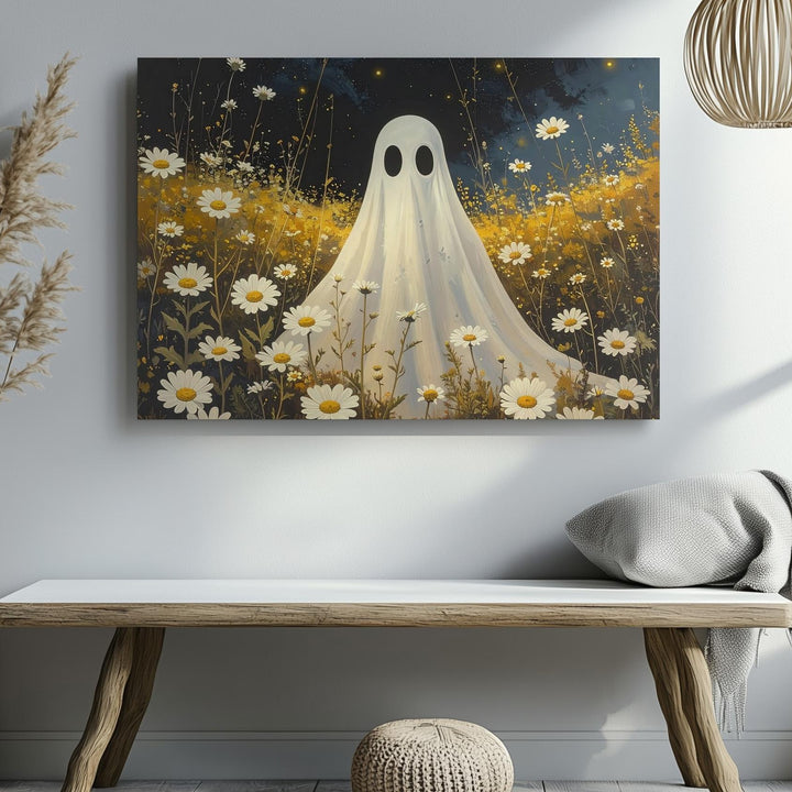 Whimsical Ghost in Chamomile Field – Serene Halloween Canvas Art - Gifitto