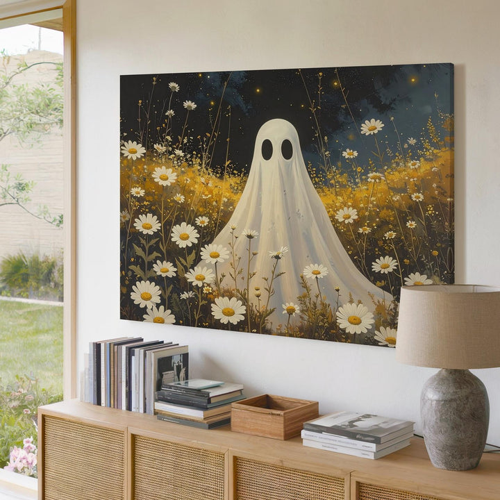 Whimsical Ghost in Chamomile Field – Serene Halloween Canvas Art - Gifitto