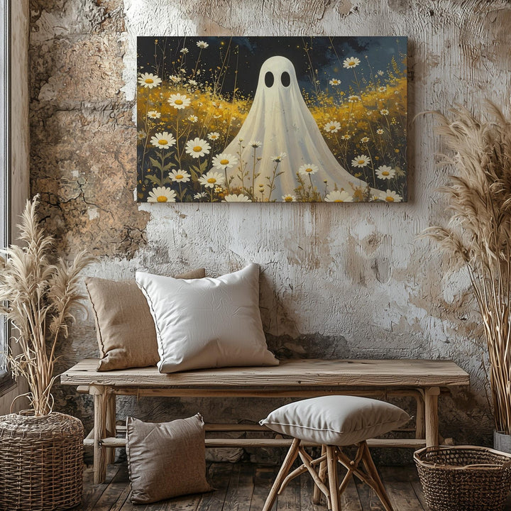 Whimsical Ghost in Chamomile Field – Serene Halloween Canvas Art - Gifitto