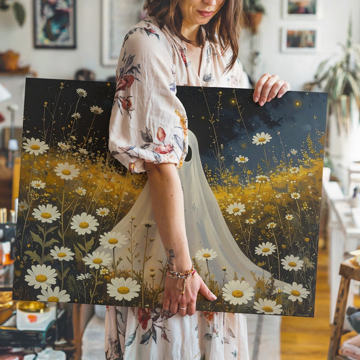 Whimsical Ghost in Chamomile Field – Serene Halloween Canvas Art - Gifitto