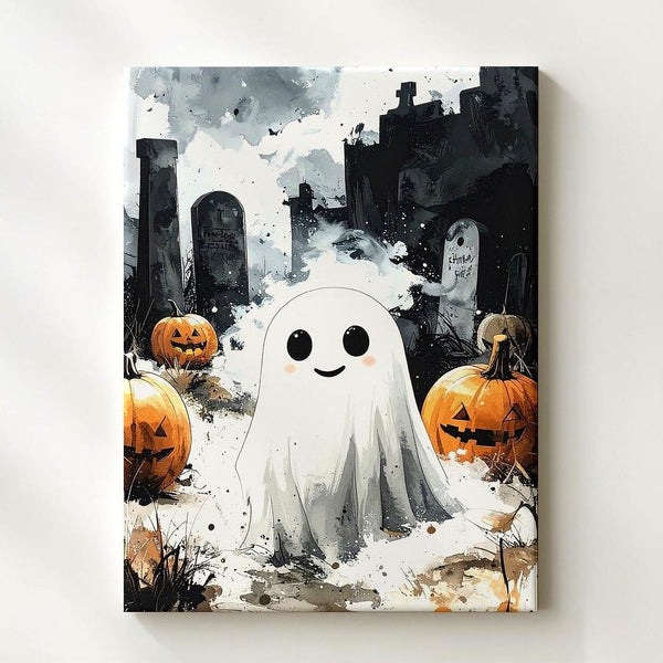 Cute Ghost in Graveyard Canvas – Quirky Halloween Contrast Art - Gifitto