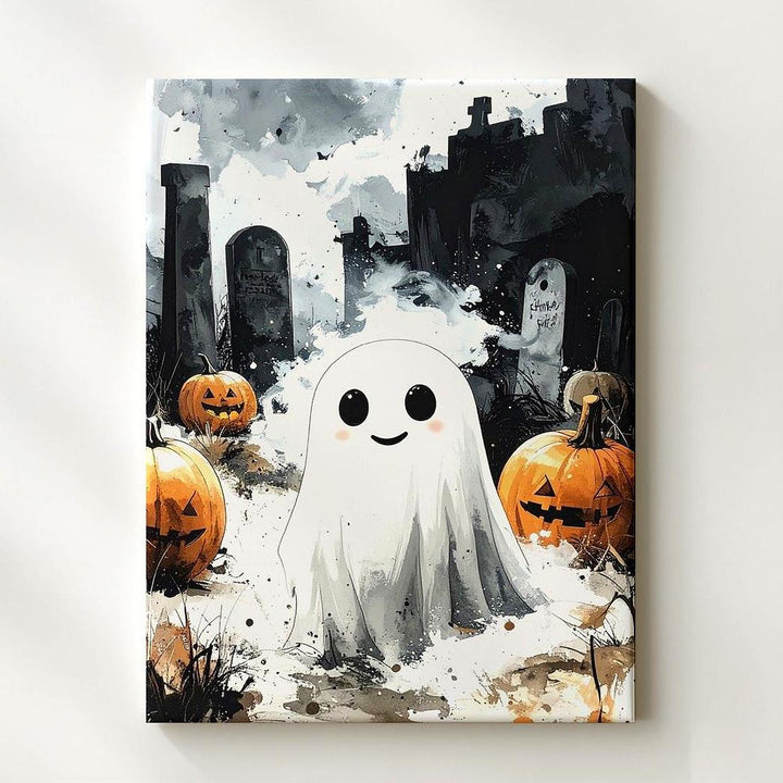 Cute Ghost in Graveyard Canvas – Quirky Halloween Contrast Art - Gifitto