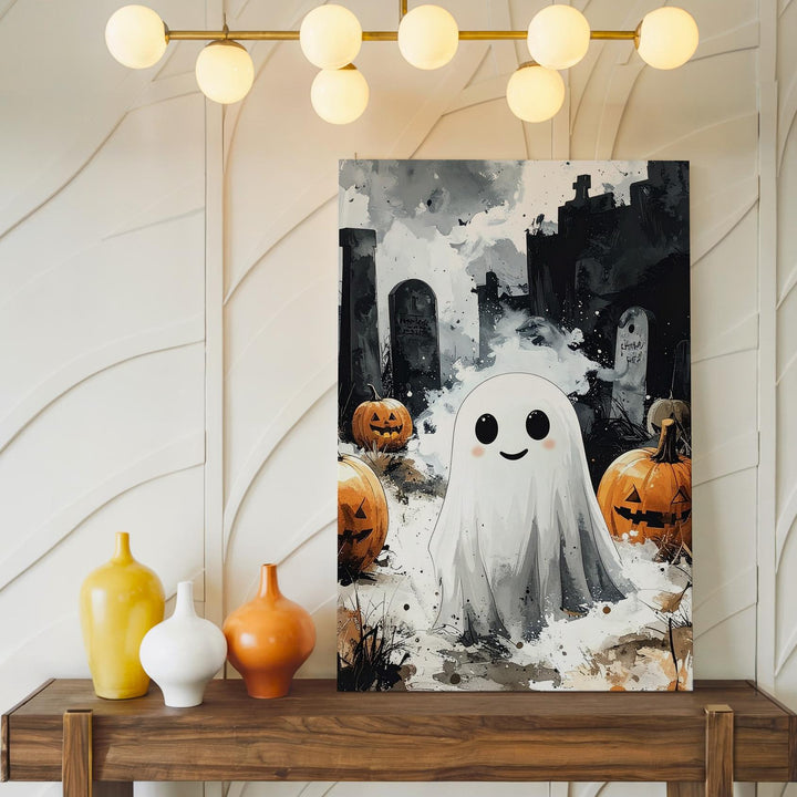 Cute Ghost in Graveyard Canvas – Quirky Halloween Contrast Art - Gifitto
