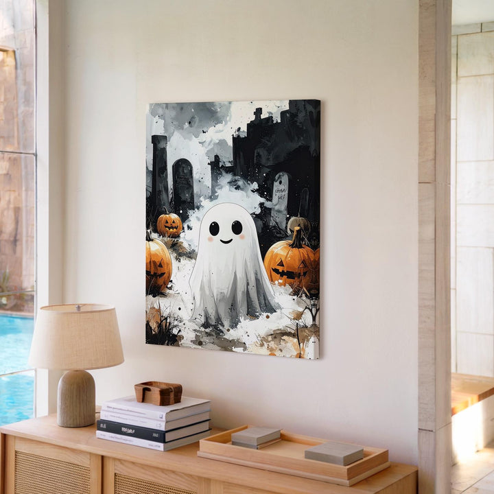 Cute Ghost in Graveyard Canvas – Quirky Halloween Contrast Art - Gifitto