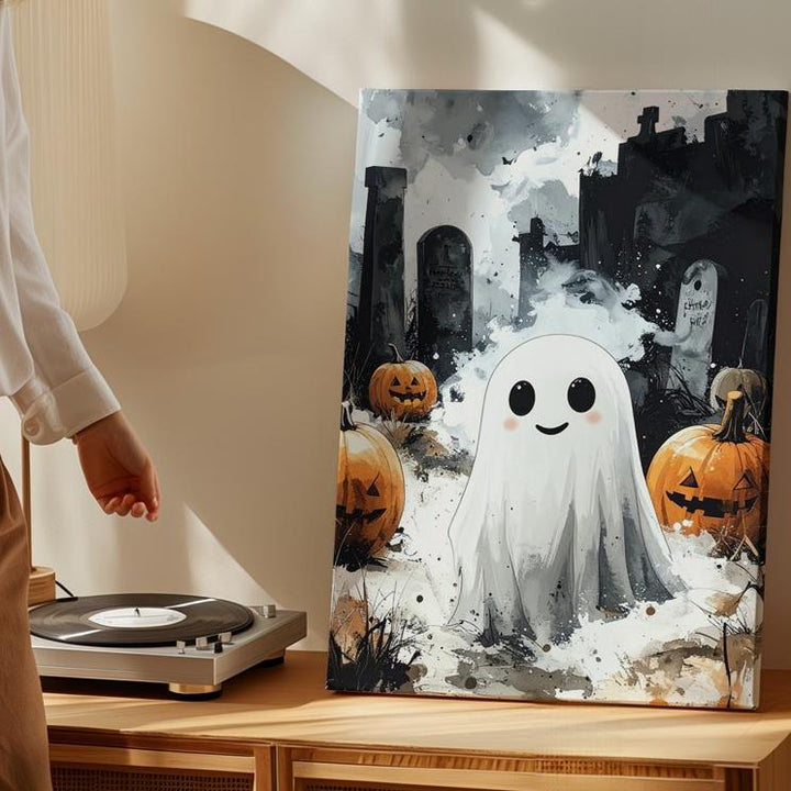 Cute Ghost in Graveyard Canvas – Quirky Halloween Contrast Art - Gifitto