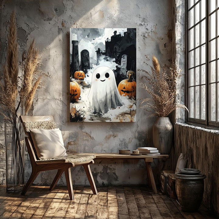Cute Ghost in Graveyard Canvas – Quirky Halloween Contrast Art - Gifitto