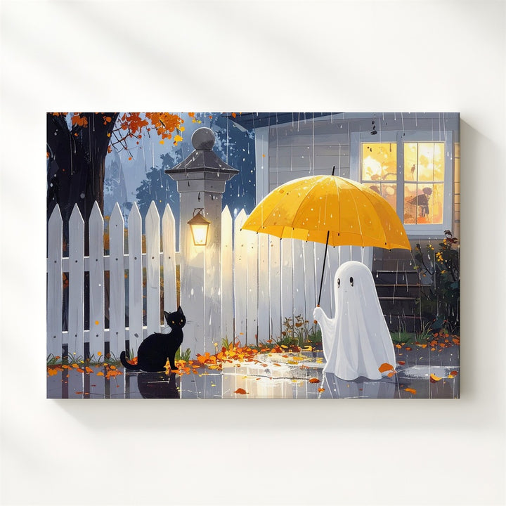Ghost & Cat in the Rain Canvas – Cozy Suburban Halloween Night Art - Gifitto