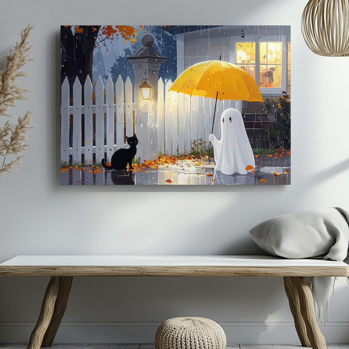 Ghost & Cat in the Rain Canvas – Cozy Suburban Halloween Night Art - Gifitto