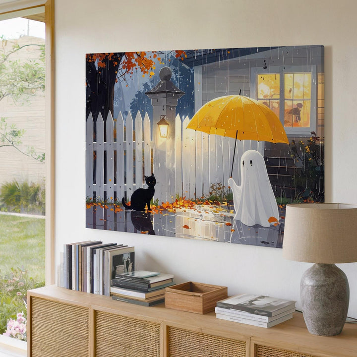 Ghost & Cat in the Rain Canvas – Cozy Suburban Halloween Night Art - Gifitto