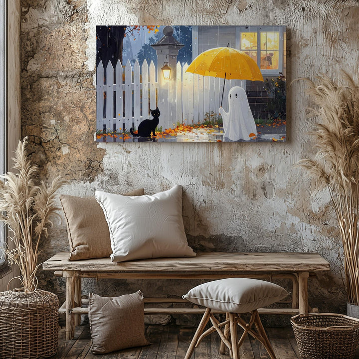 Ghost & Cat in the Rain Canvas – Cozy Suburban Halloween Night Art - Gifitto