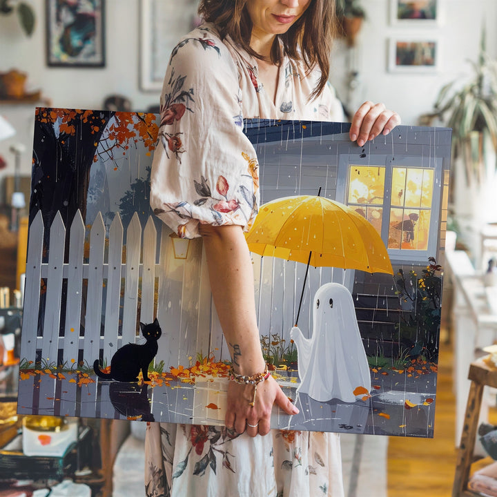 Ghost & Cat in the Rain Canvas – Cozy Suburban Halloween Night Art - Gifitto