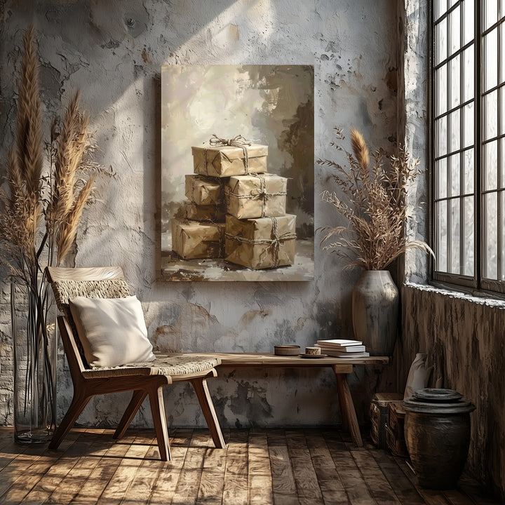 Rustic Kraft Paper Gift Canvas – Vintage Holiday Giving Wall Art - Gifitto