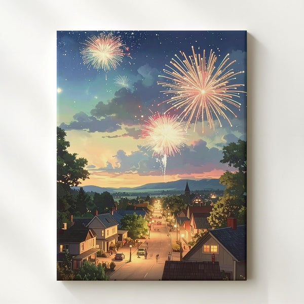 Twilight Fireworks Over Small Town Canvas – Nostalgic Fourth of July Wall Art - Gifitto