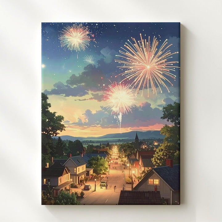 Twilight Fireworks Over Small Town Canvas – Nostalgic Fourth of July Wall Art - Gifitto
