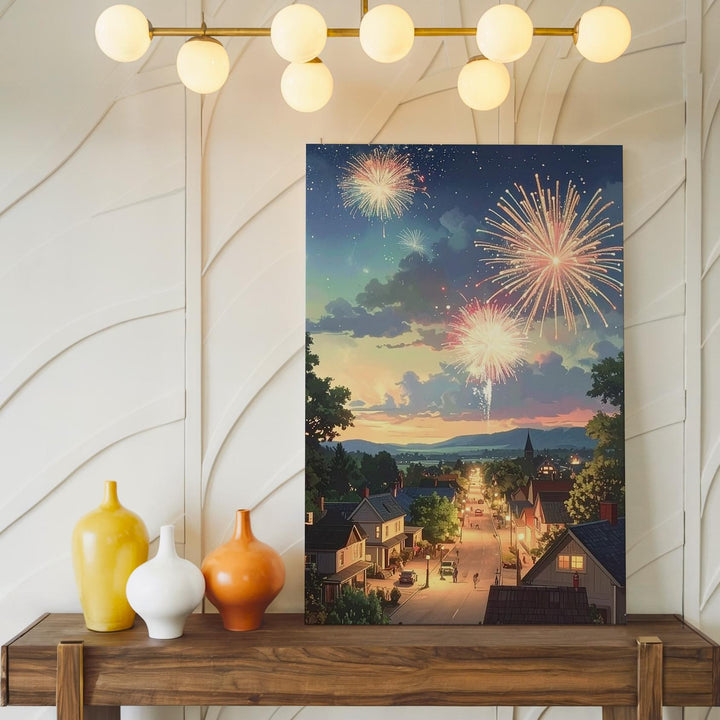 Twilight Fireworks Over Small Town Canvas – Nostalgic Fourth of July Wall Art - Gifitto