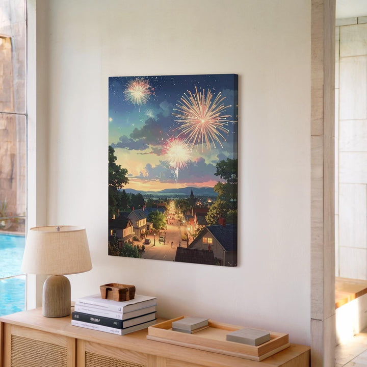 Twilight Fireworks Over Small Town Canvas – Nostalgic Fourth of July Wall Art - Gifitto
