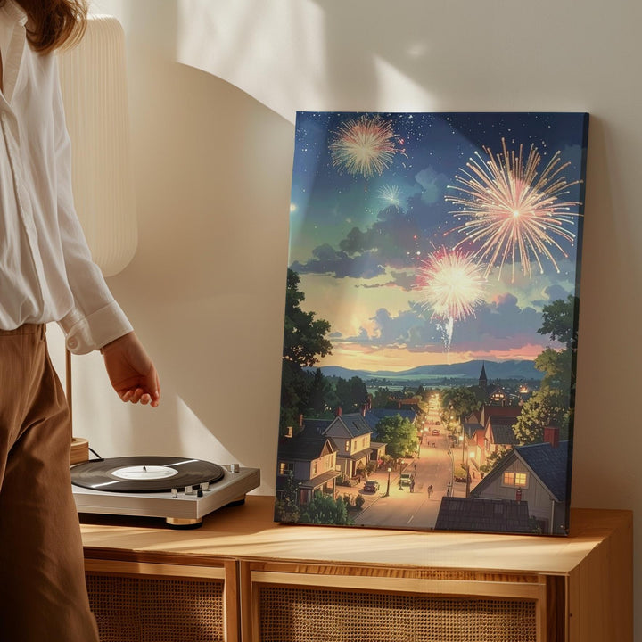 Twilight Fireworks Over Small Town Canvas – Nostalgic Fourth of July Wall Art - Gifitto