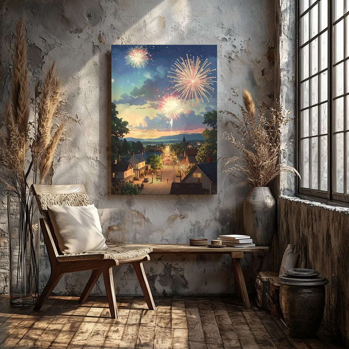 Twilight Fireworks Over Small Town Canvas – Nostalgic Fourth of July Wall Art - Gifitto