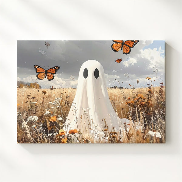 Friendly Ghost & Butterflies Canvas – Whimsical Autumn Halloween Nature Art - Gifitto