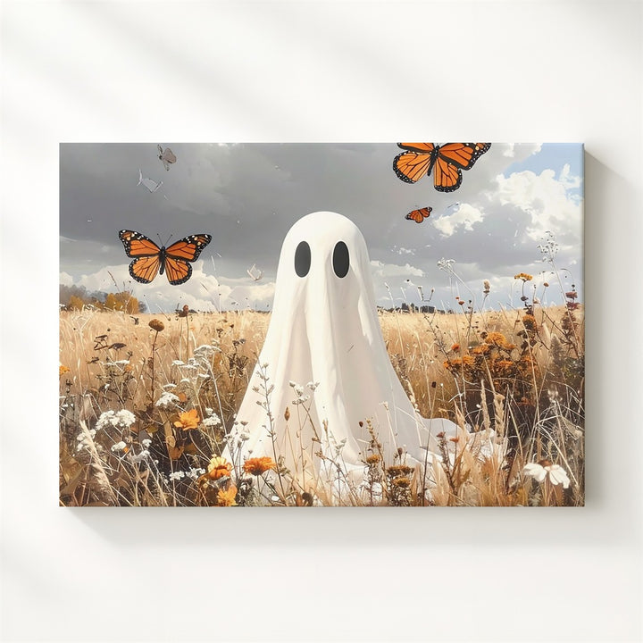 Friendly Ghost & Butterflies Canvas – Whimsical Autumn Halloween Nature Art - Gifitto