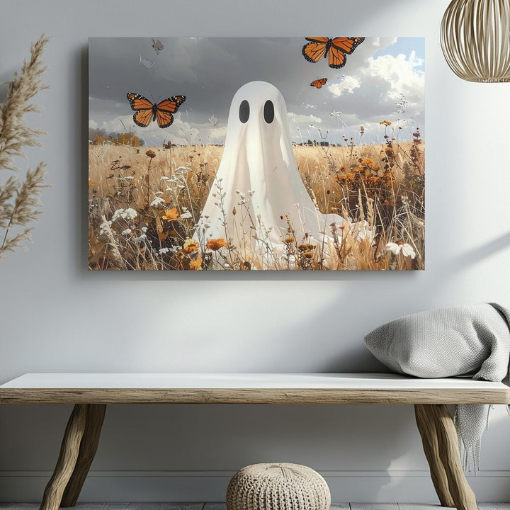 Friendly Ghost & Butterflies Canvas – Whimsical Autumn Halloween Nature Art - Gifitto