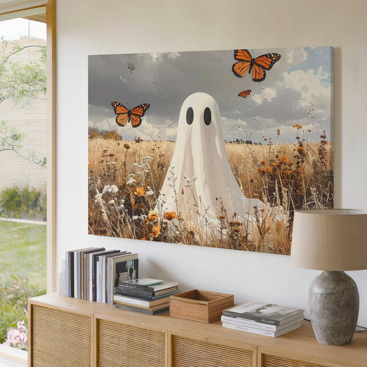 Friendly Ghost & Butterflies Canvas – Whimsical Autumn Halloween Nature Art - Gifitto