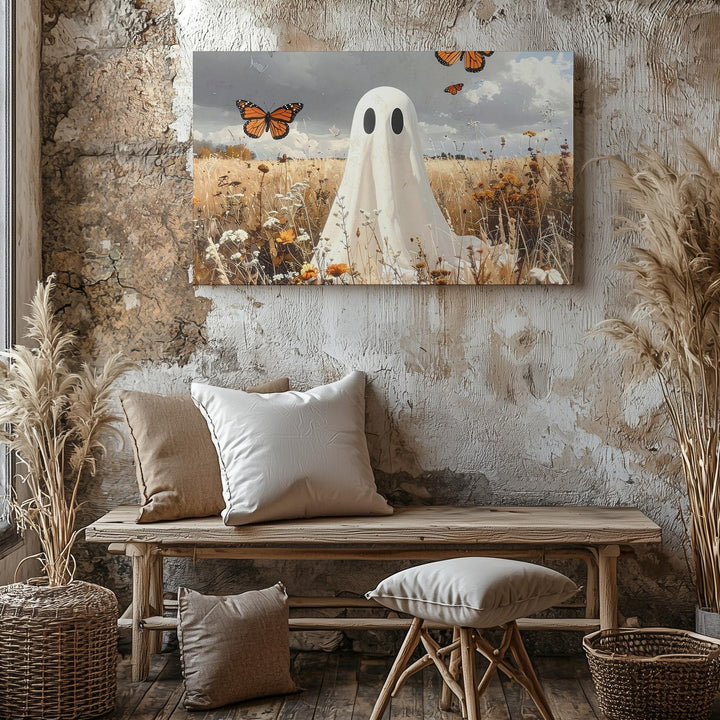 Friendly Ghost & Butterflies Canvas – Whimsical Autumn Halloween Nature Art - Gifitto