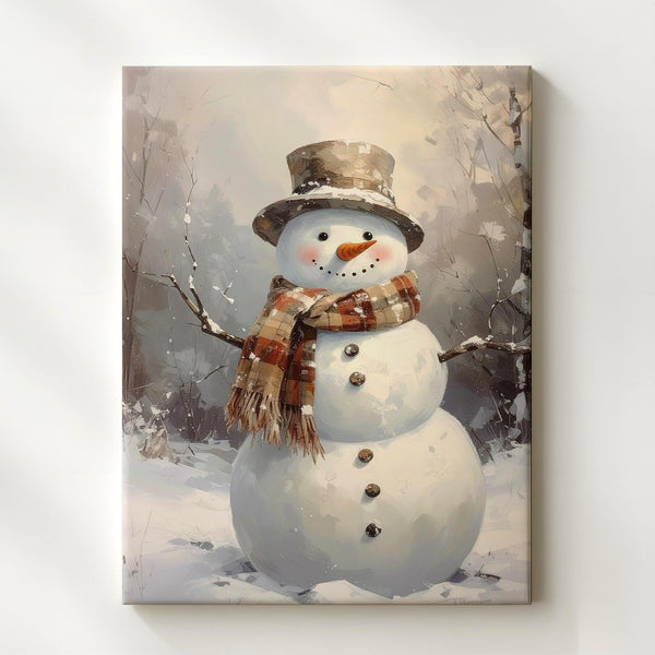 Smiling Snowman Canvas – Cozy Brown Plaid Christmas Wall Art - Gifitto