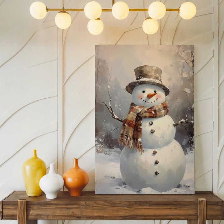 Smiling Snowman Canvas – Cozy Brown Plaid Christmas Wall Art - Gifitto