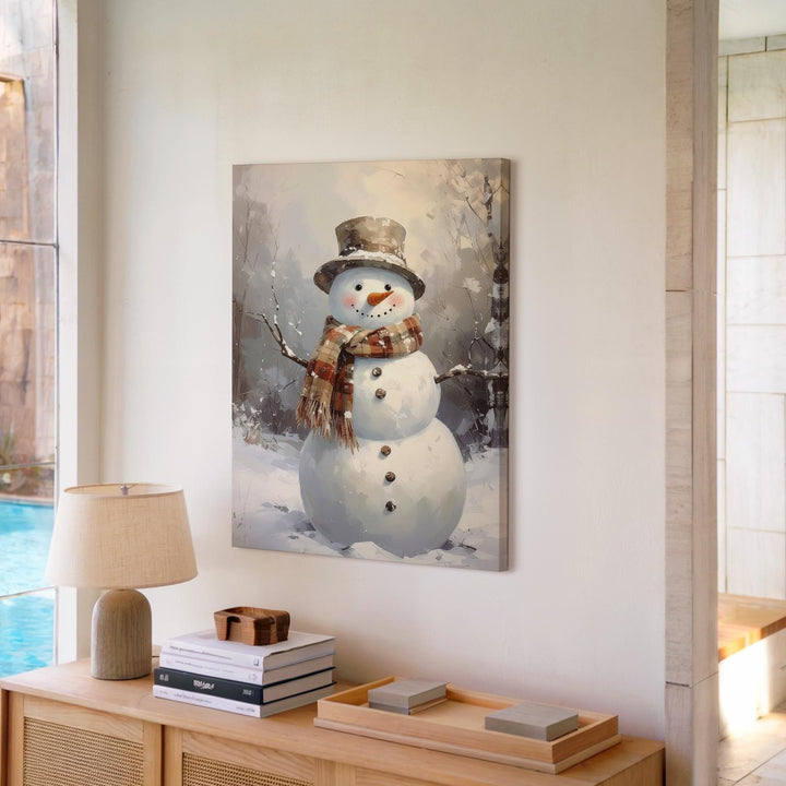 Smiling Snowman Canvas – Cozy Brown Plaid Christmas Wall Art - Gifitto