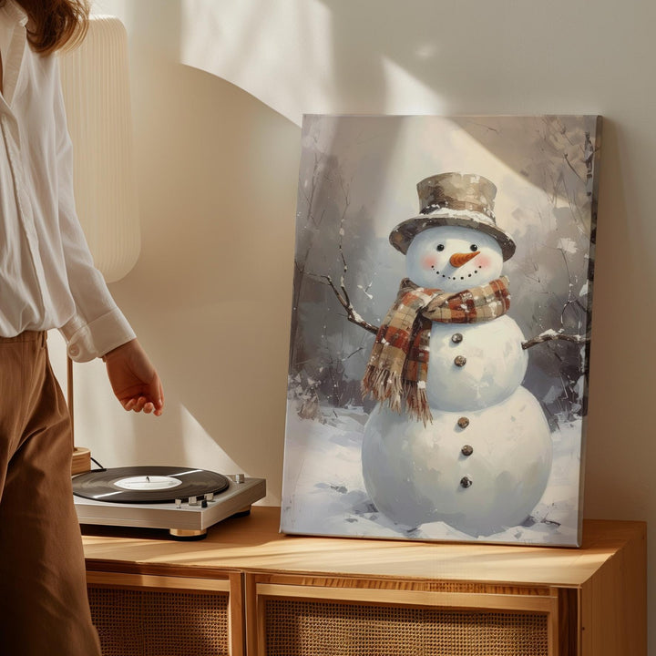Smiling Snowman Canvas – Cozy Brown Plaid Christmas Wall Art - Gifitto