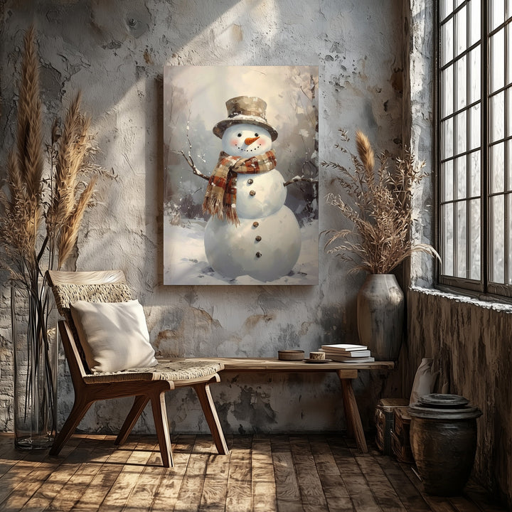 Smiling Snowman Canvas – Cozy Brown Plaid Christmas Wall Art - Gifitto
