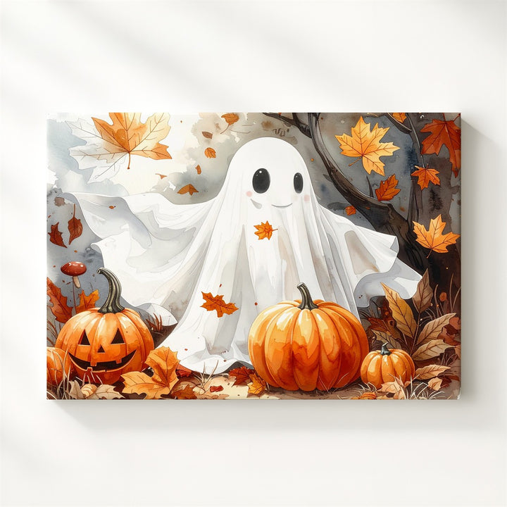 Smiling Ghost & Pumpkins Canvas – Whimsical Autumn Halloween Wall Art - Gifitto