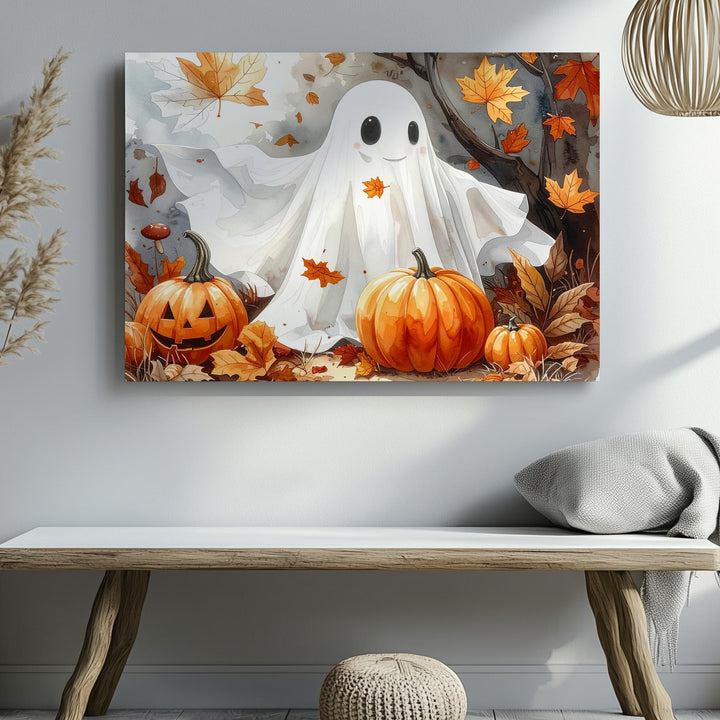 Smiling Ghost & Pumpkins Canvas – Whimsical Autumn Halloween Wall Art - Gifitto