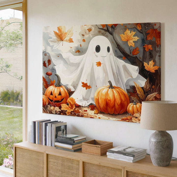 Smiling Ghost & Pumpkins Canvas – Whimsical Autumn Halloween Wall Art - Gifitto