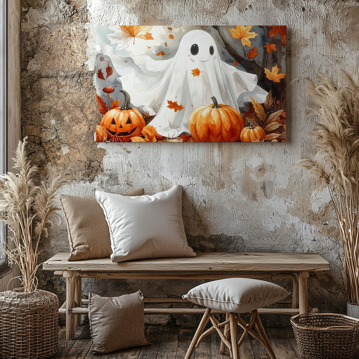 Smiling Ghost & Pumpkins Canvas – Whimsical Autumn Halloween Wall Art - Gifitto