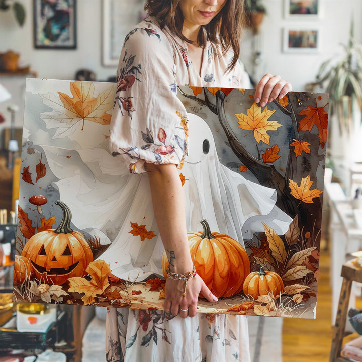 Smiling Ghost & Pumpkins Canvas – Whimsical Autumn Halloween Wall Art - Gifitto