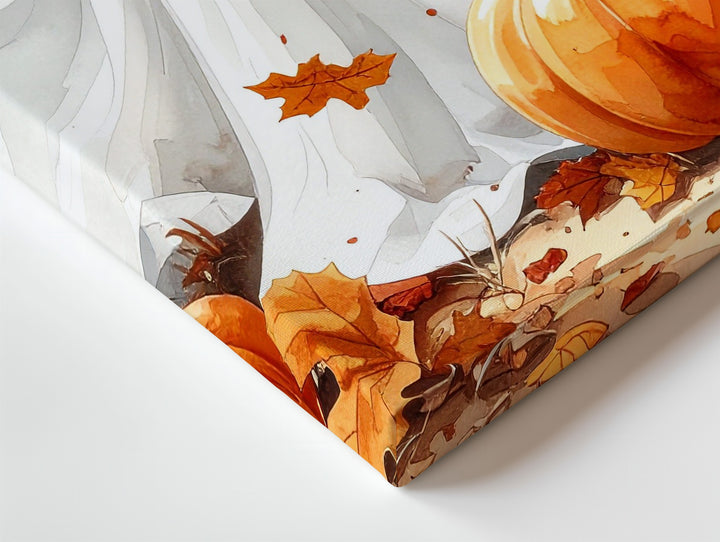 Smiling Ghost & Pumpkins Canvas – Whimsical Autumn Halloween Wall Art - Gifitto