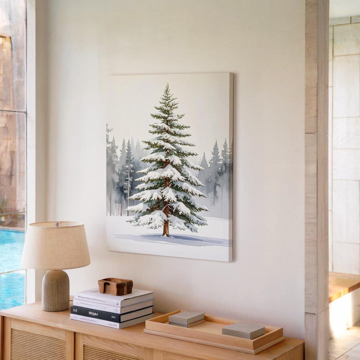 Snow-Laden Winter Tree Canvas – Serene Watercolor Forest Wall Art - Gifitto