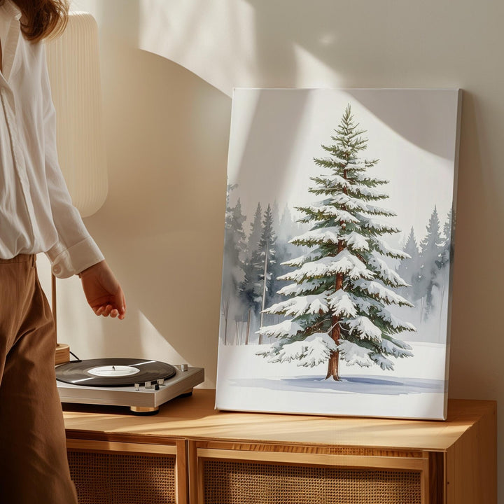 Snow-Laden Winter Tree Canvas – Serene Watercolor Forest Wall Art - Gifitto