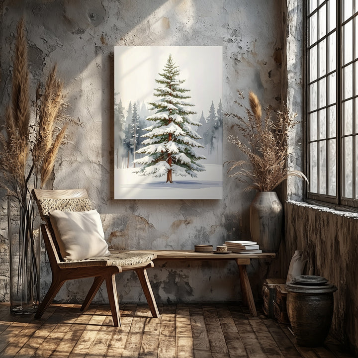 Snow-Laden Winter Tree Canvas – Serene Watercolor Forest Wall Art - Gifitto