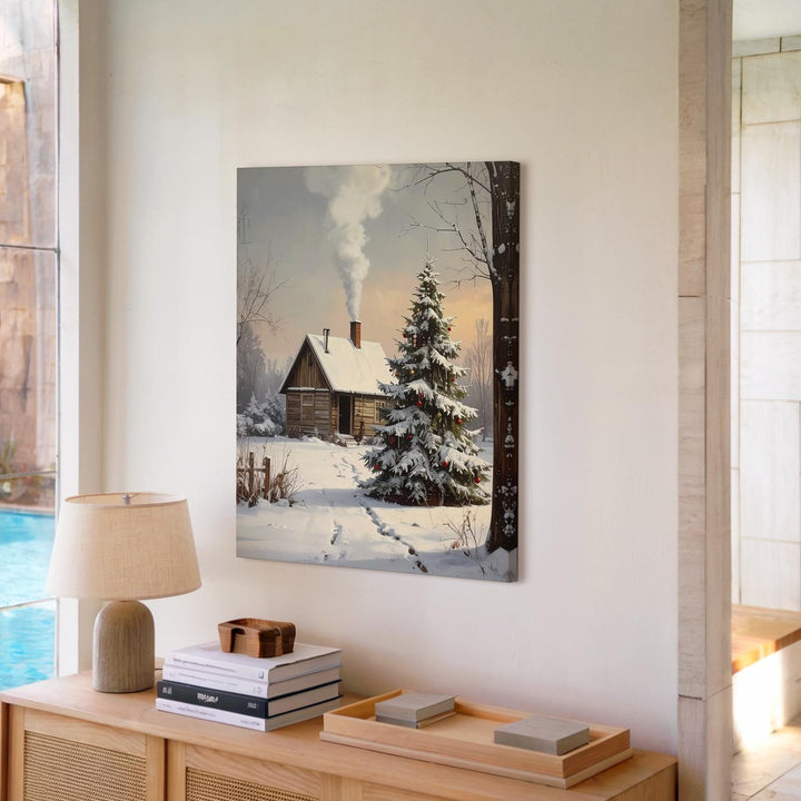 Cozy Christmas Cabin Canvas – Peaceful Winter Holiday Evening Wall Art - Gifitto