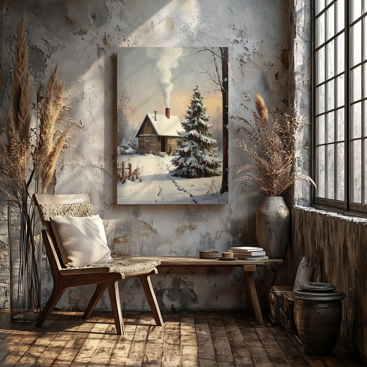 Cozy Christmas Cabin Canvas – Peaceful Winter Holiday Evening Wall Art - Gifitto